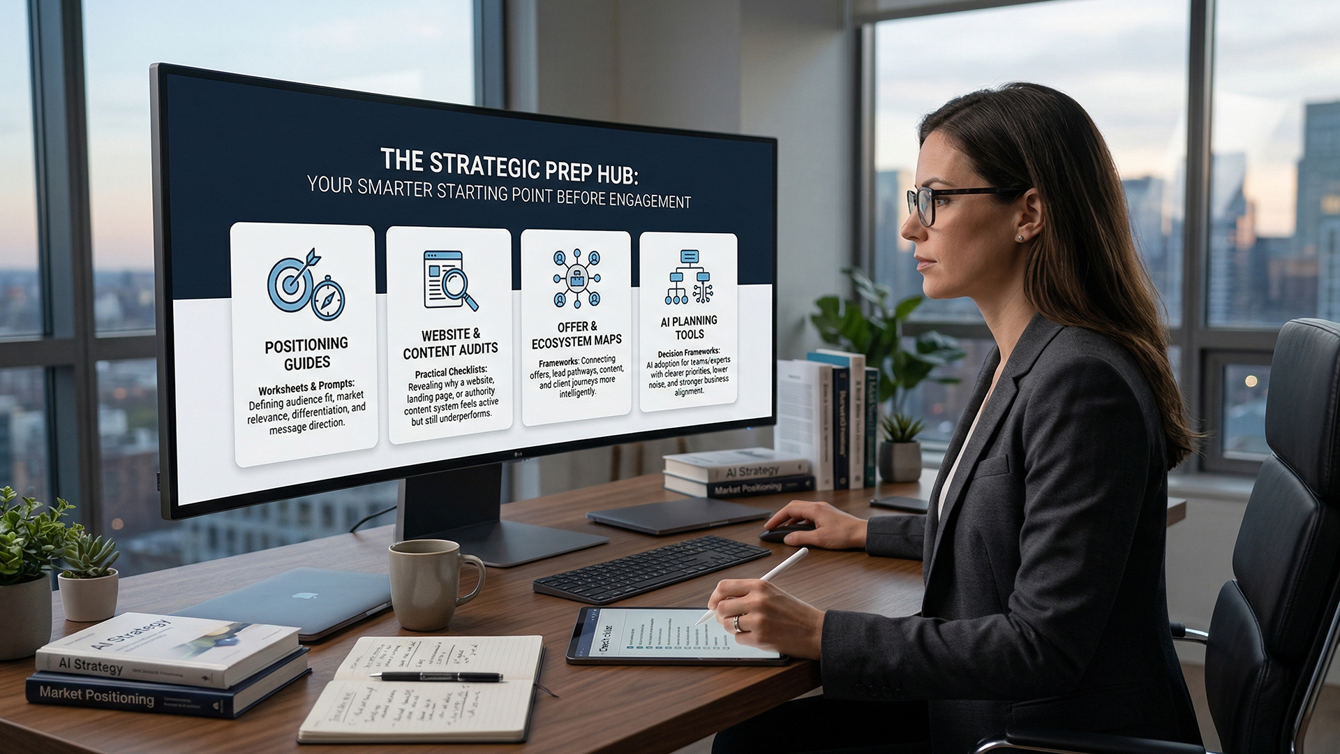 Strategist reviewing a resource dashboard with positioning guides, website audits, ecosystem maps, and AI planning tools.