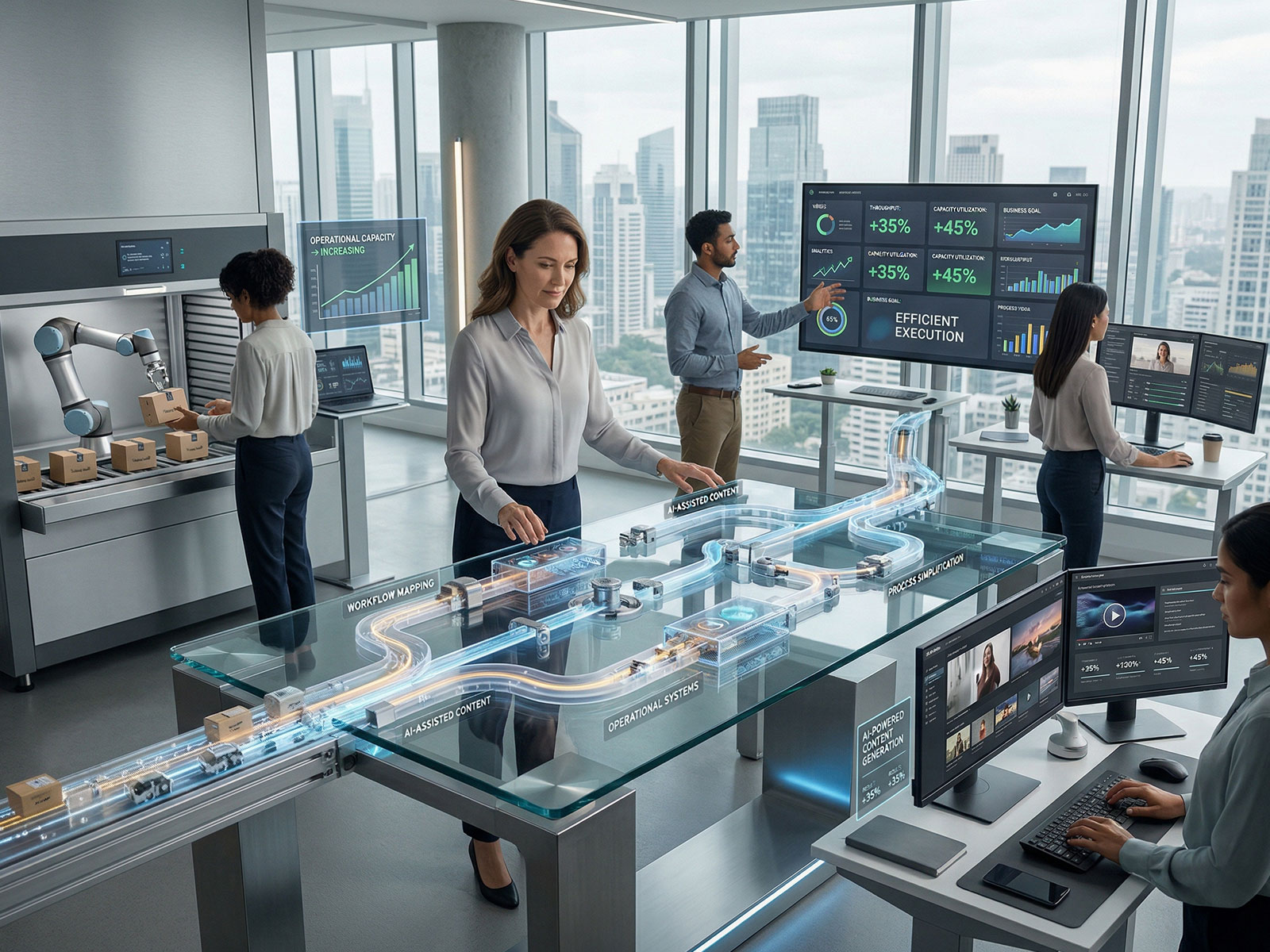 Equipo revisando flujos de trabajo con automatización e inteligencia artificial.